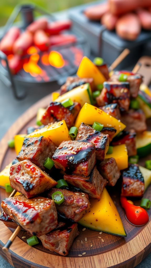 Grilled teriyaki sirloin skewers with vegetables on a wooden platter, garnished with sesame seeds.